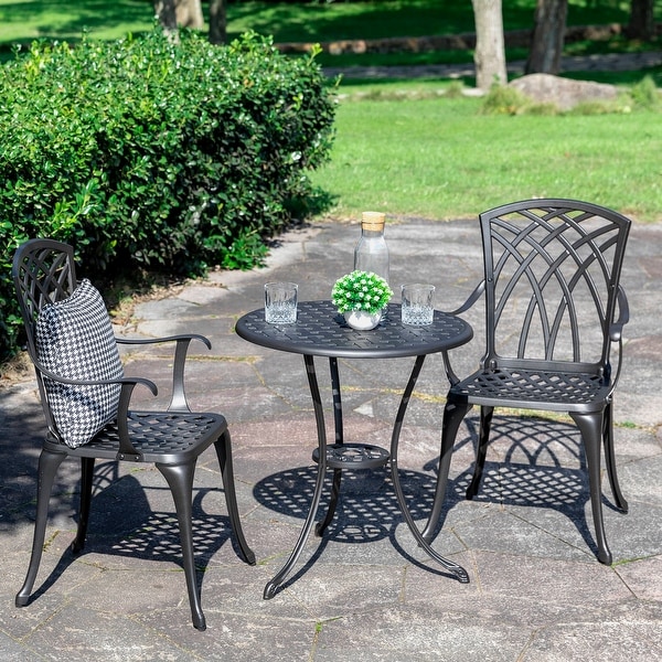 24 Inch Cast Aluminum Bistro Table with Umbrella Hole and 2 Bistro Chairs