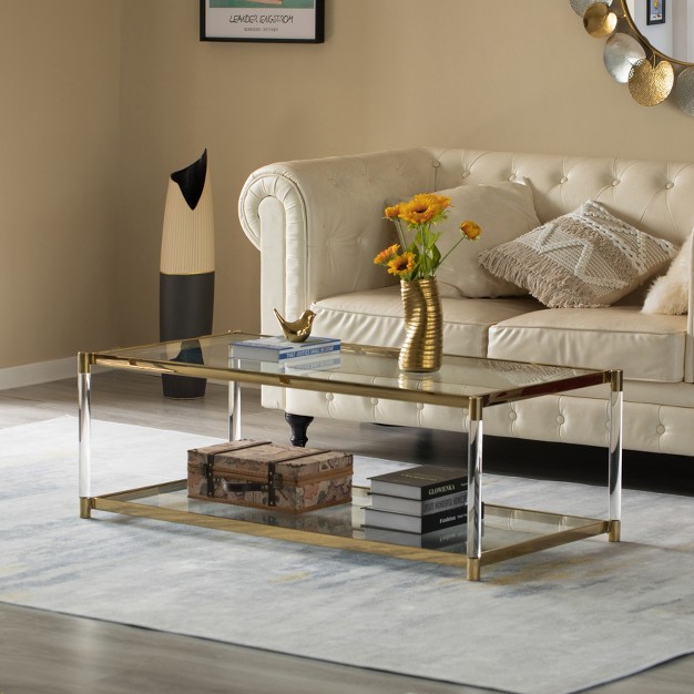 Fabulaxe Acrylic Rectangular Modern Gold Metal Coffee Table With Tempered Glass And Shelf For Office Dining Room Entryway