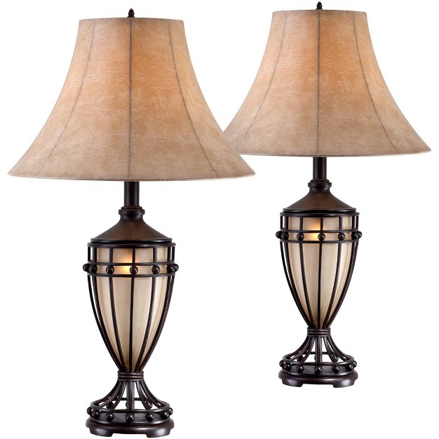 Tall Set Of 2 With Nightlight Brushed Iron Urn Beige Fabric Shade For Living Room Bedroom