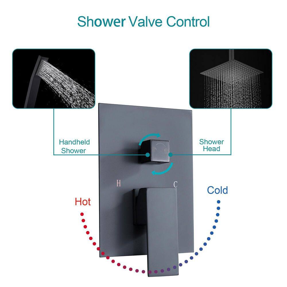 Logmey 2-Spray Patterns with 1.8 GPM 16 in. Ceiling Mount Dual Shower Head and Rough-In Valve Trim Kit in Matte Black LM-SLF16016-B