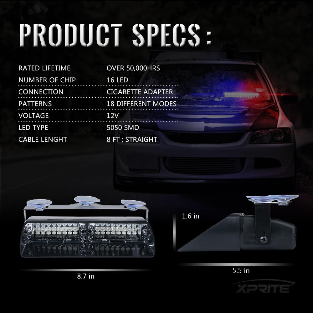 Xprite Undercover Series LED Strobe Lights For Dash / Windshield With Suction Cups - White Blue