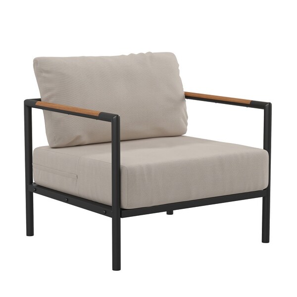 Metal Frame Patio Chair with Teak Arm Accents and Plush Cushions