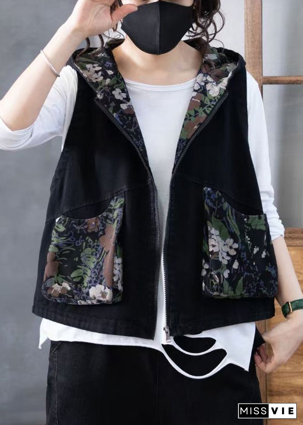 Women Green Zippered Print Hooded Denim Waistcoat Sleeveless