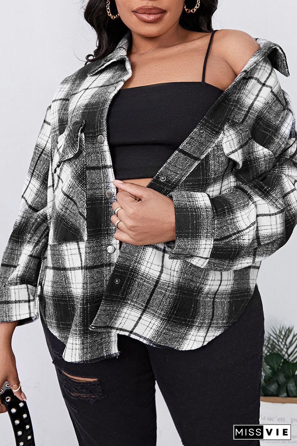 Black Pocketed Plaid Plus Size Jackets