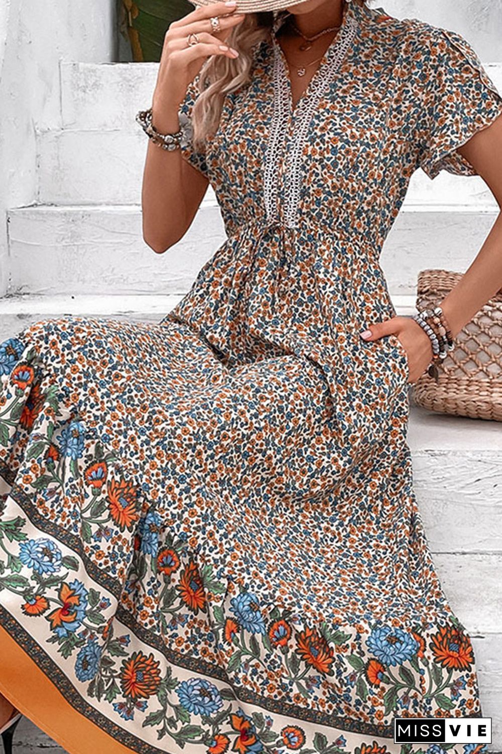 Khaki Floral Print Splicing Maxi Dress