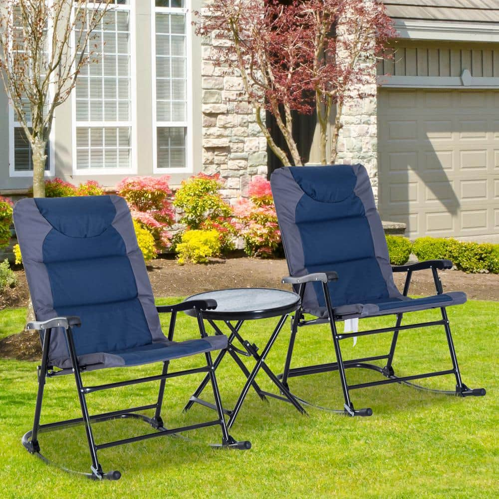 Outsunny 3-Piece Metal Patio Conversation Set with Side Table, Blue/Grey Padded Cushions, and Portable Design 84B-200