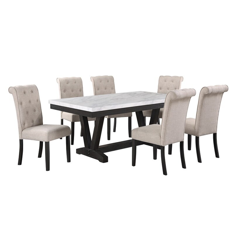 Best Quality Furniture 7 Piece Faux Marble Wrap Table Top Dining Set