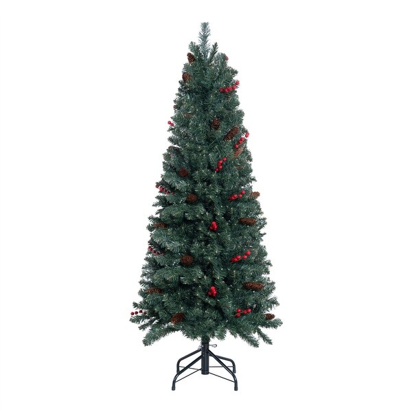 6.5ft Pencil Christmas Tree Prelit preDecorated with Pine Cones Red Berries 250 Warm Lights and Metal Stand