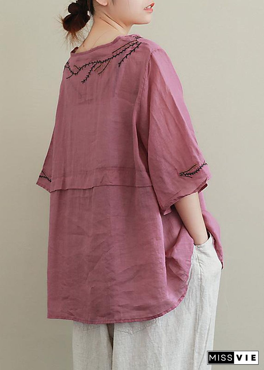 French purple embroidery linen Blouse o neck Midi shirts