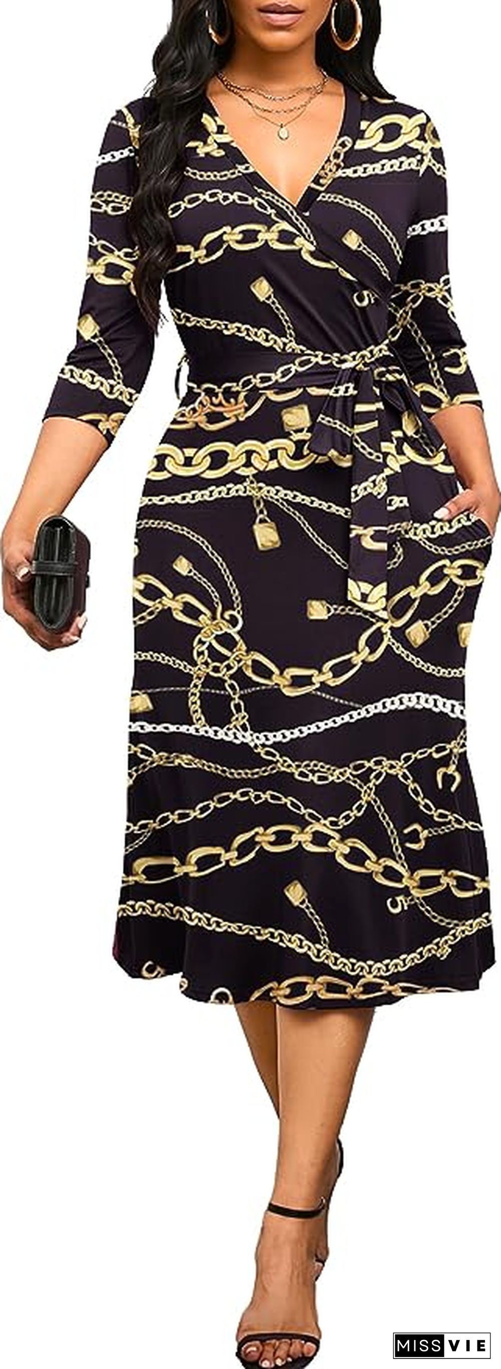 Trendy Print V-Neck Midi Dress