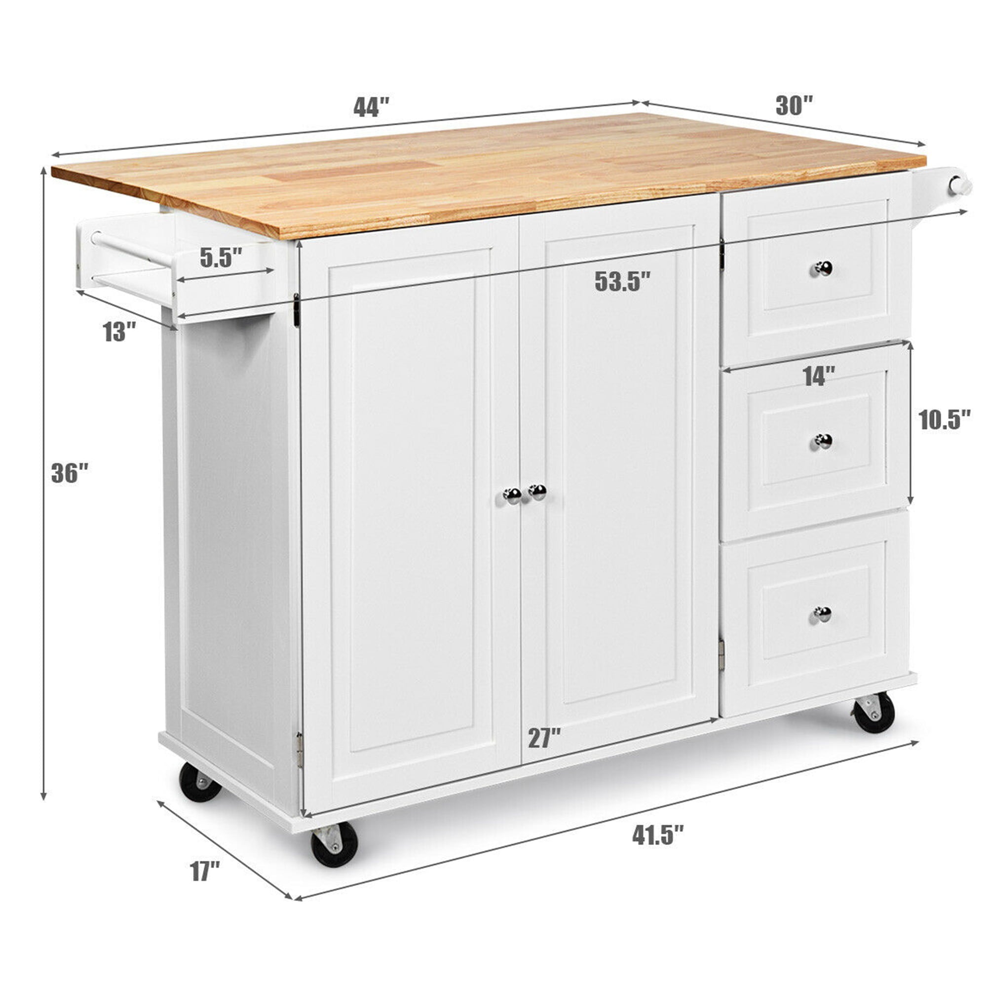 Gymax Drop-Leaf Kitchen Island Trolley Cart Wood Storage Cabinet w/ Spice Rack White