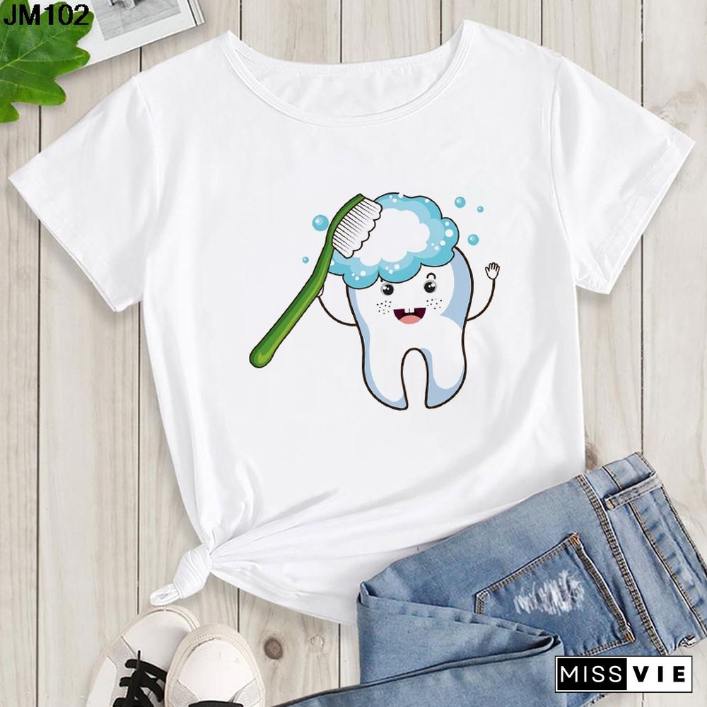 Aesthetic Funny Tooth Dentist Print Female Clothing T-shirt 90s Harajuku Kawaii O-neck Tshirt Summer Fashion Women's Top T Shirt