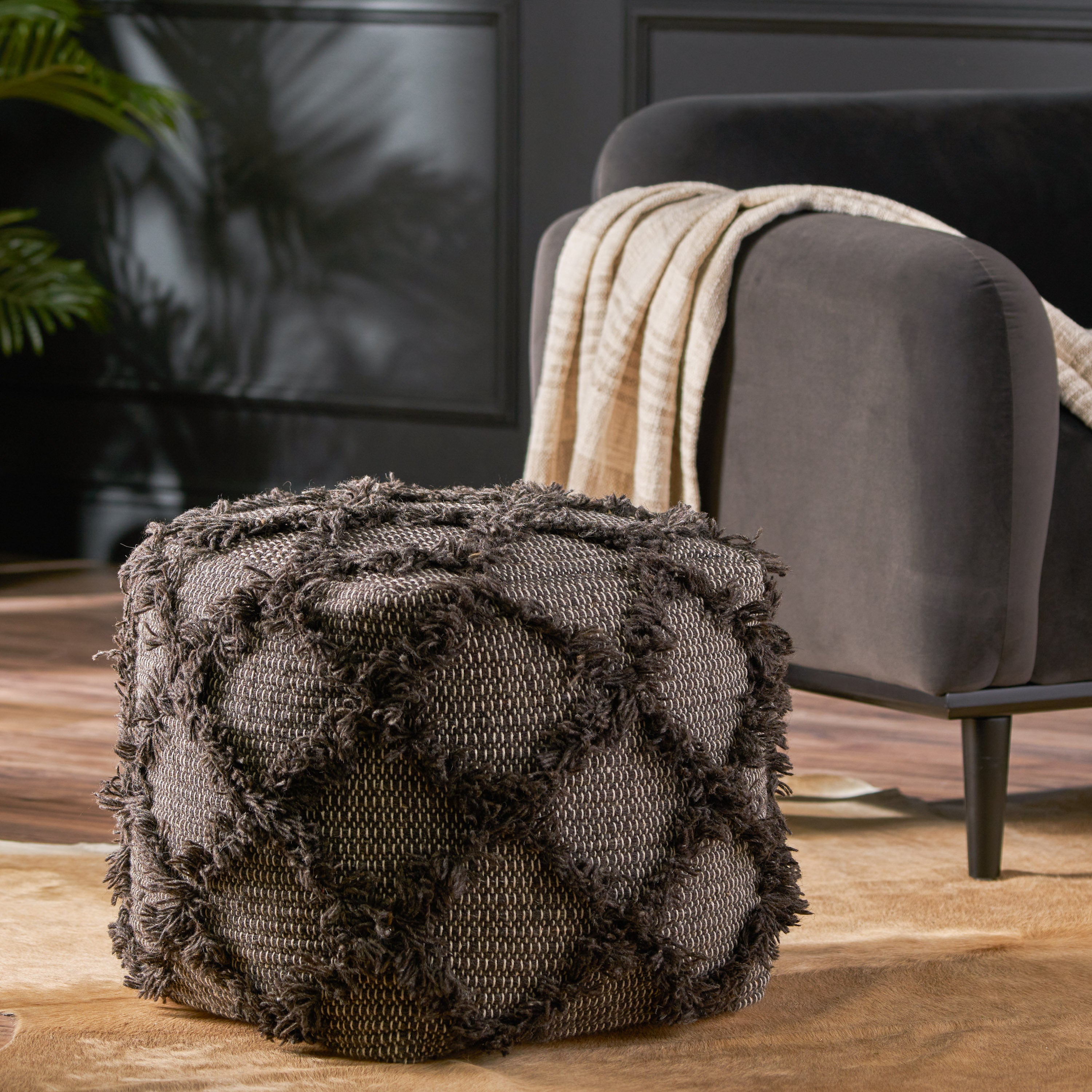 Viraj Boho Artisan Hand Woven Wool and Cotton Cube Pouf