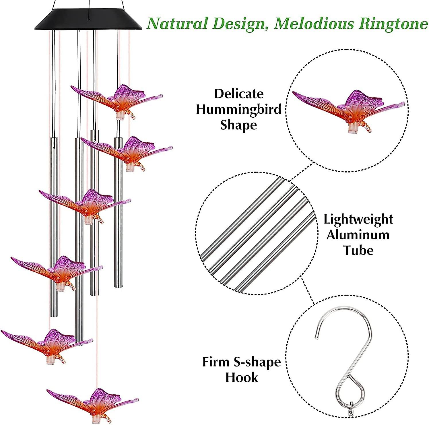 Solar Night Light Wind Chime， Outdoor Color Changing Led Butterfly Wind Chimes Of Aluminum Tubes， For Wife Mom Grandma Valentine's Day Gift， For Garde