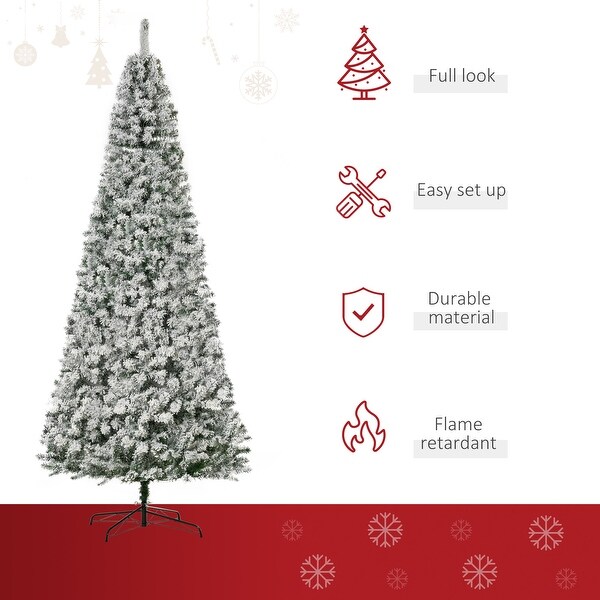 HOMCOM 6FT/7FT/9FT Slim Flocked Christmas Tree with Lights，Skinny Christmas Tree with Stand