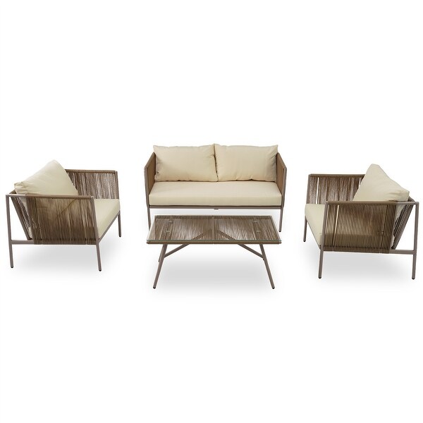 4Piece Outdoor Metal Frame Rope Conversation Sofa Set with Glass Table