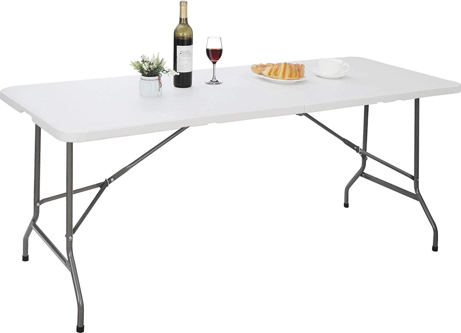 SKONYON Folding Utility Table 6ft Fold-in-Half Portable Plastic Picnic Party Dining Camp Table， White