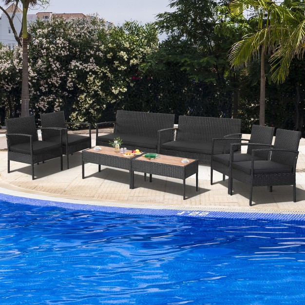 Tangkula Patio Rattan 8pcs Cushioned Chair Side Table Set Bistro Set Classic Furniture Single Sofa Thick Cushion Loveseat For Garden Black