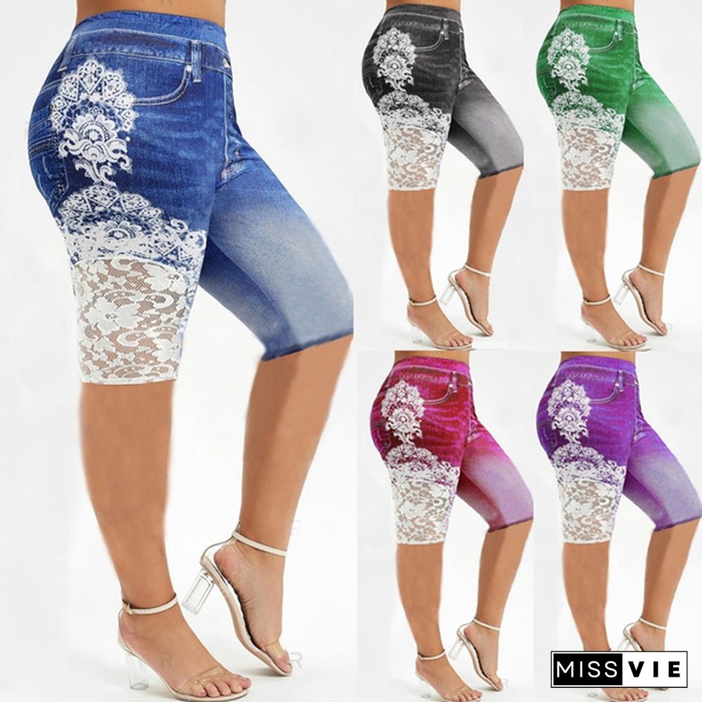 Women's Fashion Knee Length Lace Panel 3D Printed Plus Size Denim Jeggings Leggings Shorts