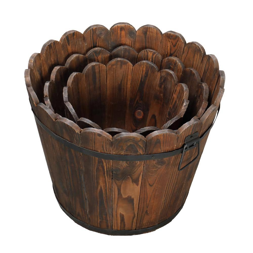 Karl home 18 in. Carbonized Solid Wood Planter Bucket Pot (Set of 3) 504660956382