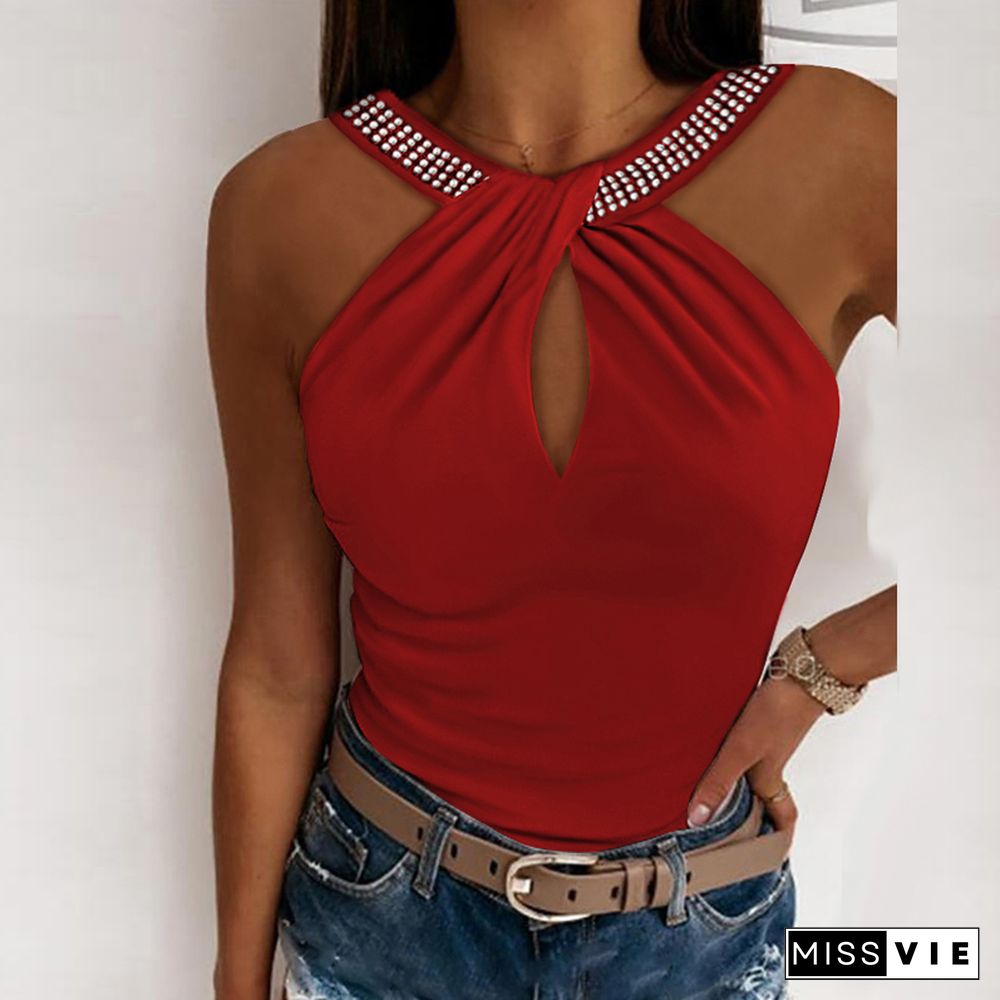 Fashion Folds Solid Color Tank Top Women Sexy Halter Rhinestone Hollow Out Slim Top Casual Straps Backless Inside Tee Shirt Vest