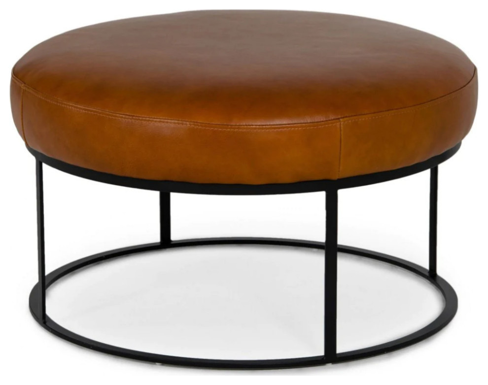 Ethan Modern Camel Leather Round Ottoman   Industrial   Footstools And Ottomans   by Rustic Home Furniture Deco  Houzz