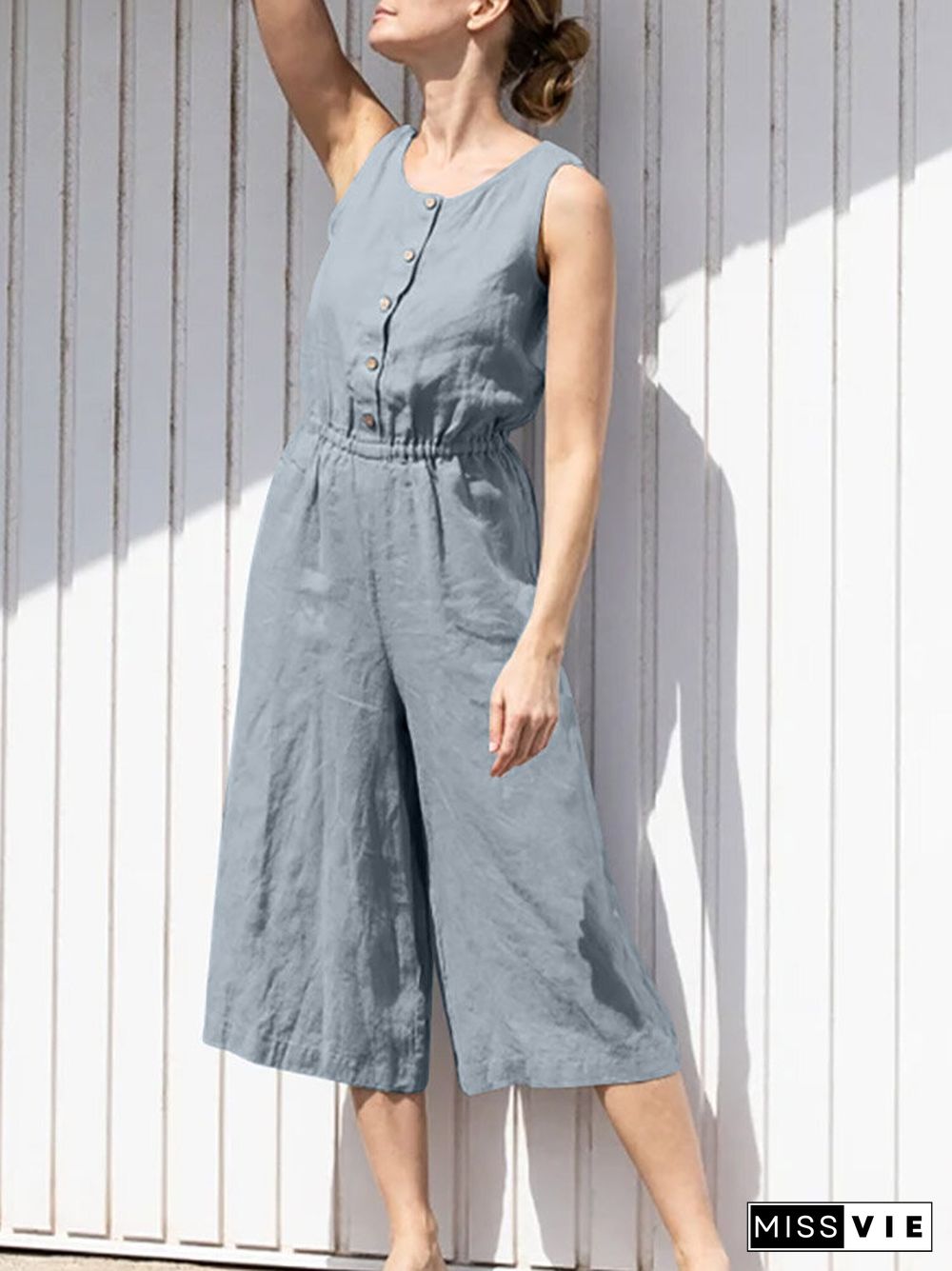 Solid Button Sleeveless Elastic Waist Wide Leg Jumpsuit