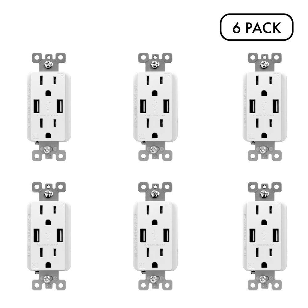 ELEGRP 3.6 Amp Dual USB Charger and 15 Amp Receptacle White (6-Pack) R1615D36-WH-3