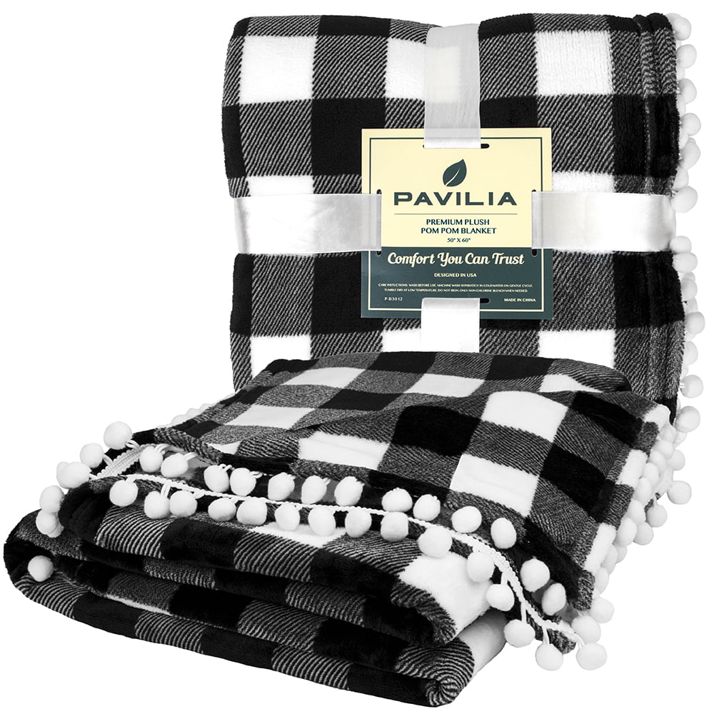 PAVILIA Fleece Throw Blanket with Pom Pom Fringe | Buffalo Plaid Checkered White， Black Flannel Throw | Super Soft Lightweight Microfiber Polyester | Plush， Fuzzy， Cozy | 50 x 60 Inches