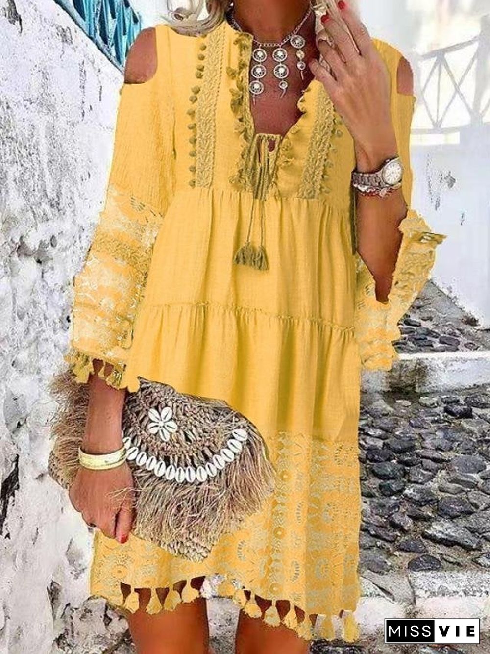 Women's Shift Dress Short Mini Dress - 3/4 Length Sleeve Tassel Fringe Lace Cold Shoulder Summer Hot Casual Boho vacation dresses White Blue Yellow Beige Light Blue S M L XL XXL 3XL-0208808