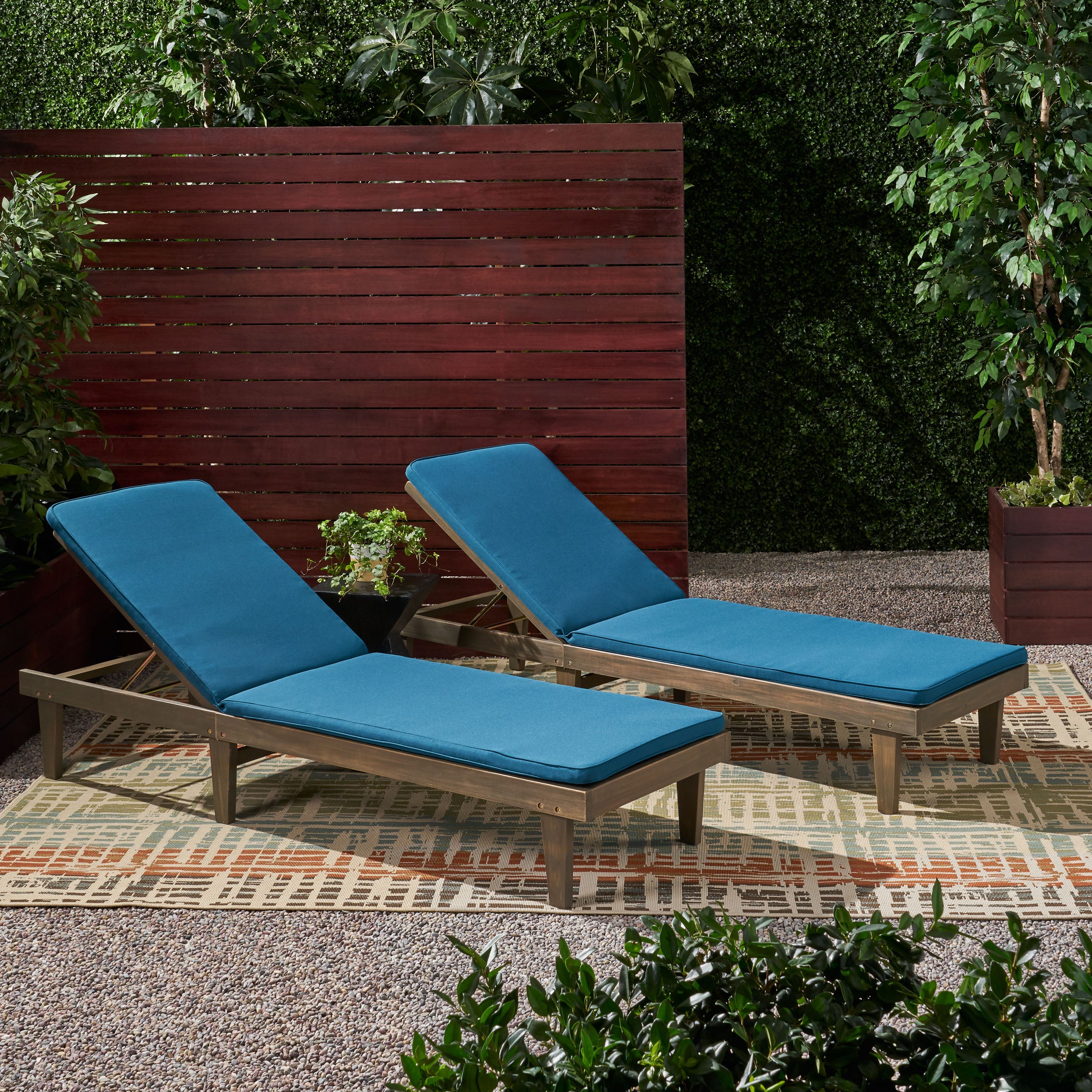 Nadine Outdoor Modern Acacia Wood Chaise Lounge with Cushion (Set of 2)