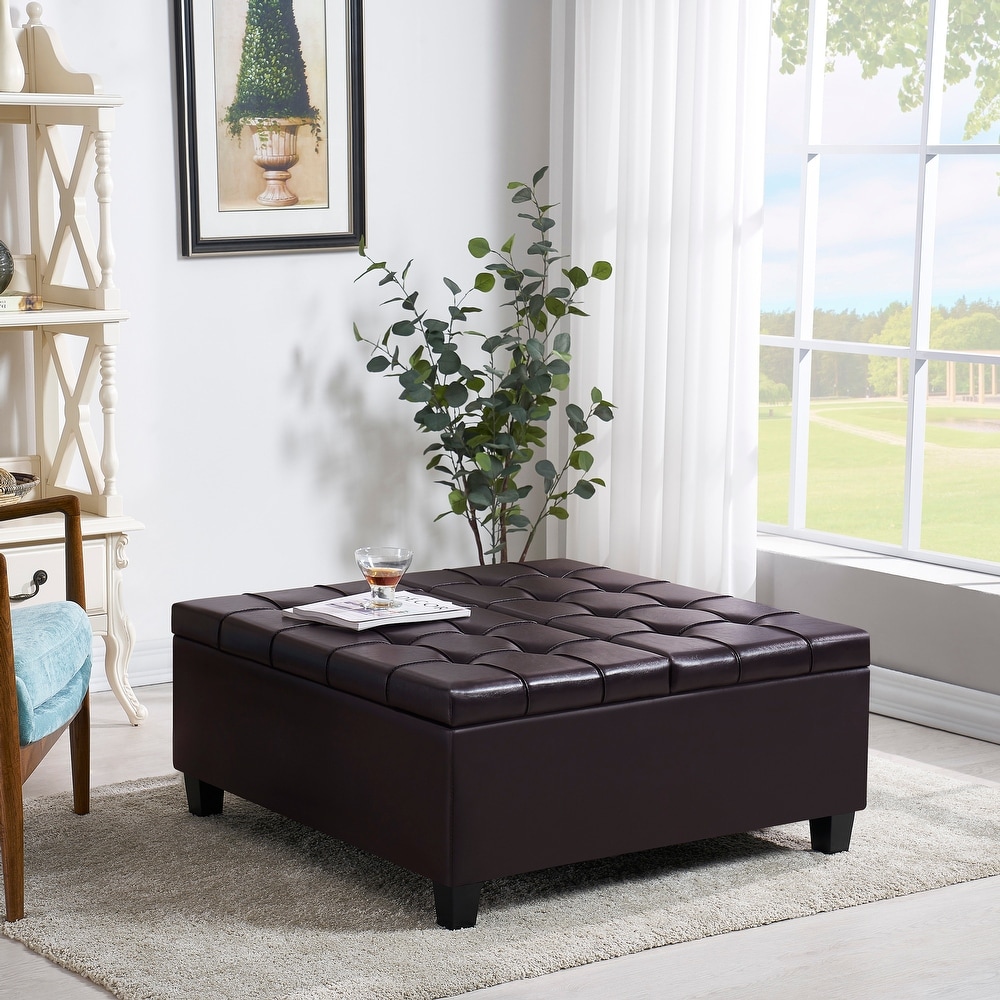 Simple Coffee Table Faux Leather Folding Storage Ottoman Bench Padded Seat with Rubberwood Legs for Lounge Living Room