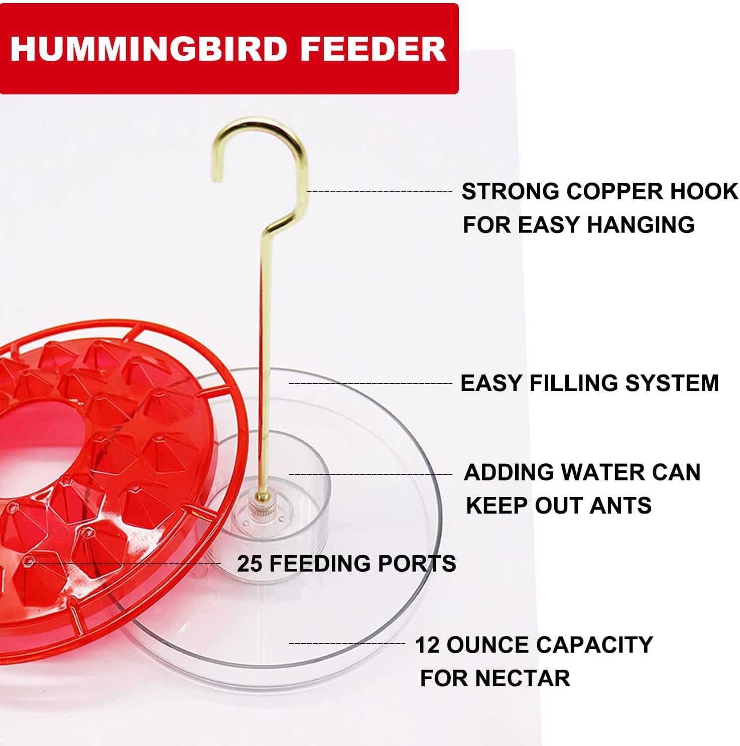 Hummingbird Feeders for Outdoors - No Leak Humming Bird Feeder， Easy to Clean and Fill， High View Perch， 25 Feeder Ports， Perfect for Hanging on The Tree，Yard. Hanger Incl(Red)