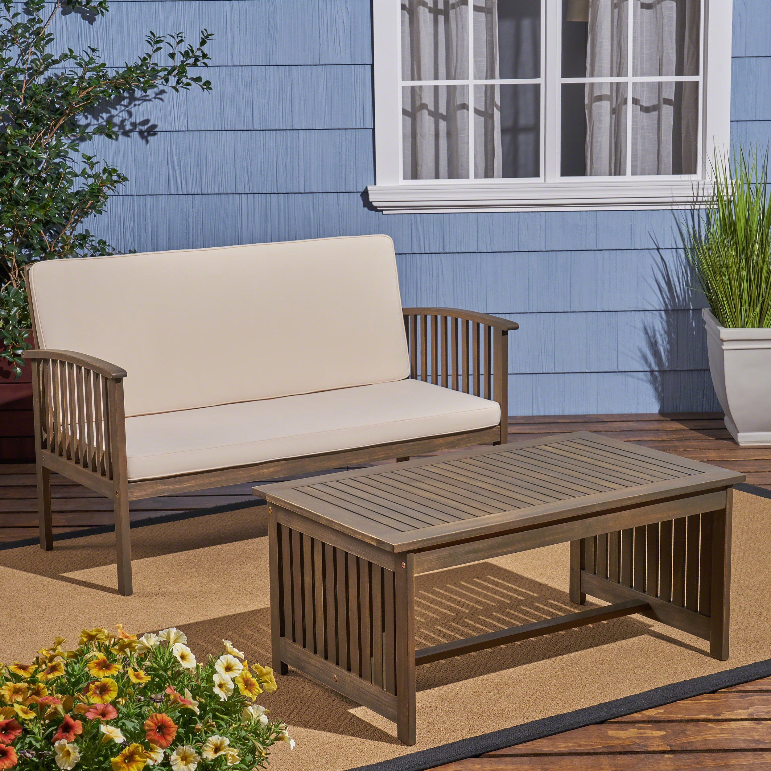 Tolbert Outdoor Acacia Wood Loveseat & Coffee Table Set