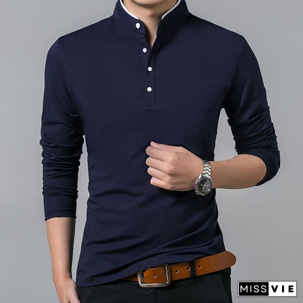 Liseaven T-Shirt Men Cotton T Shirt Full Sleeve tshirt Men Solid Color T-shirts tops&tees Mandarin Collar Long Shirt