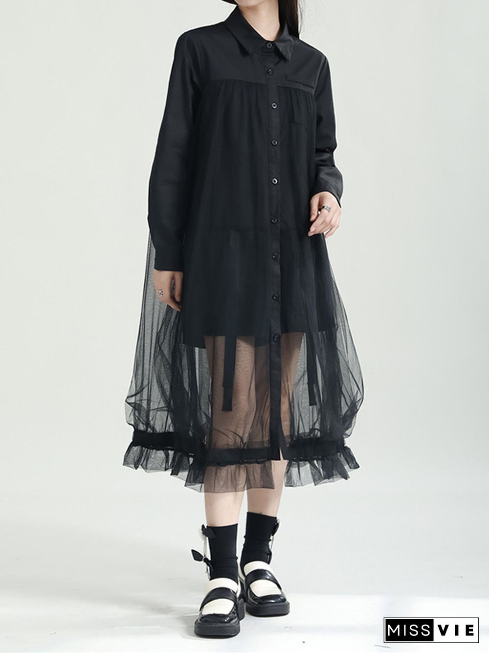 Long Sleeves Gauze See-Through Split-Joint Lapel Midi Dresses Shirt Dress