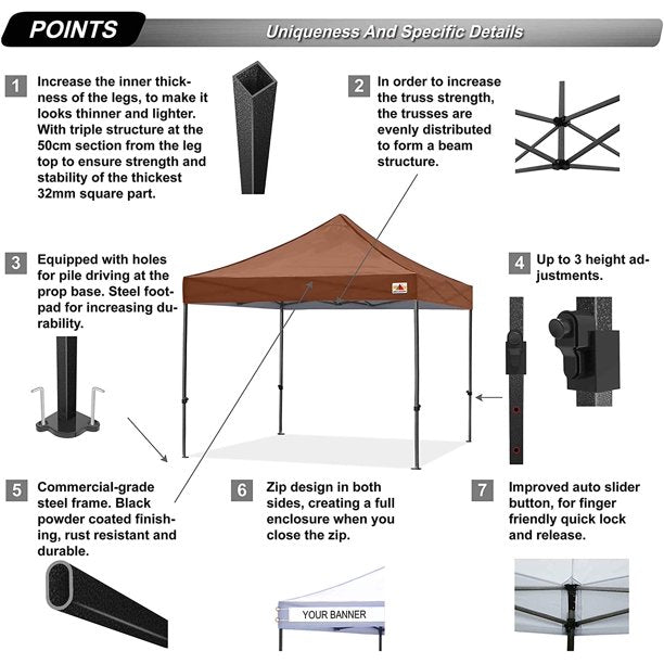 ABCCANOPY 10ft x 10ft Sturdy Instant Shelter Metal Outdoor Pop up Canopy，Brown