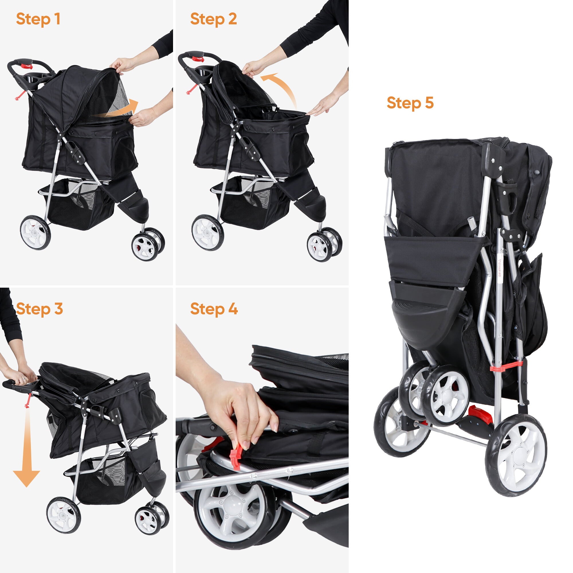 ZENY Three Wheels Pet Stroller， 360 Rotation， Folding Convertible Design， Black