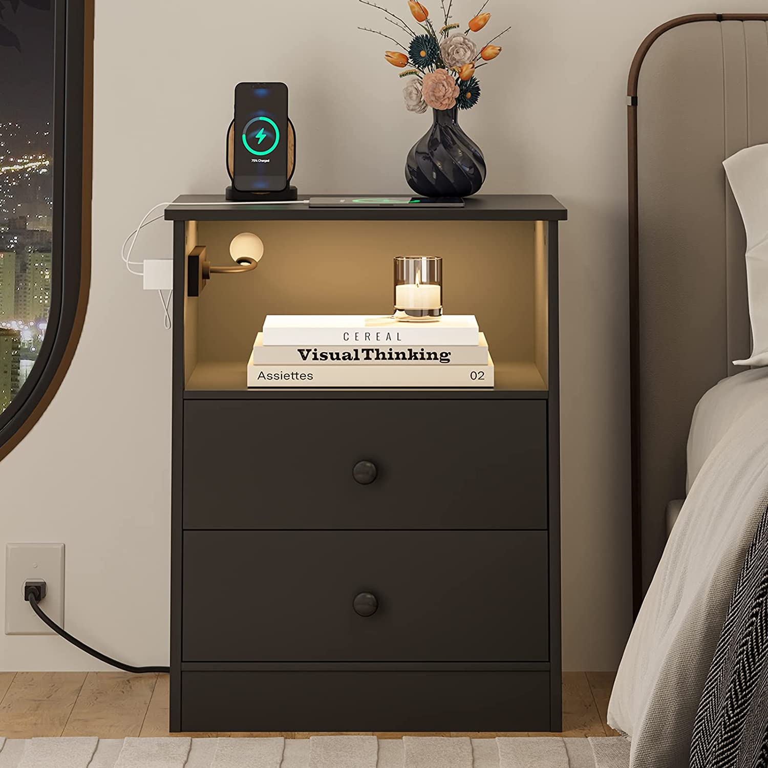 Nightstand with Charging Station and LED Lights, Modern Bedside Table with Drawers and Open Storage,2 USB Charging Ports,Bedroom