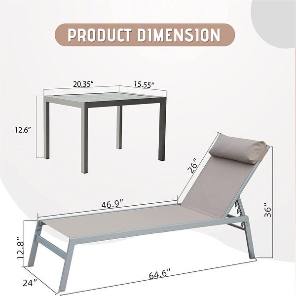 3-Piece Outdoor Chaise Lounge with Headrest and 5 Position Adjustable