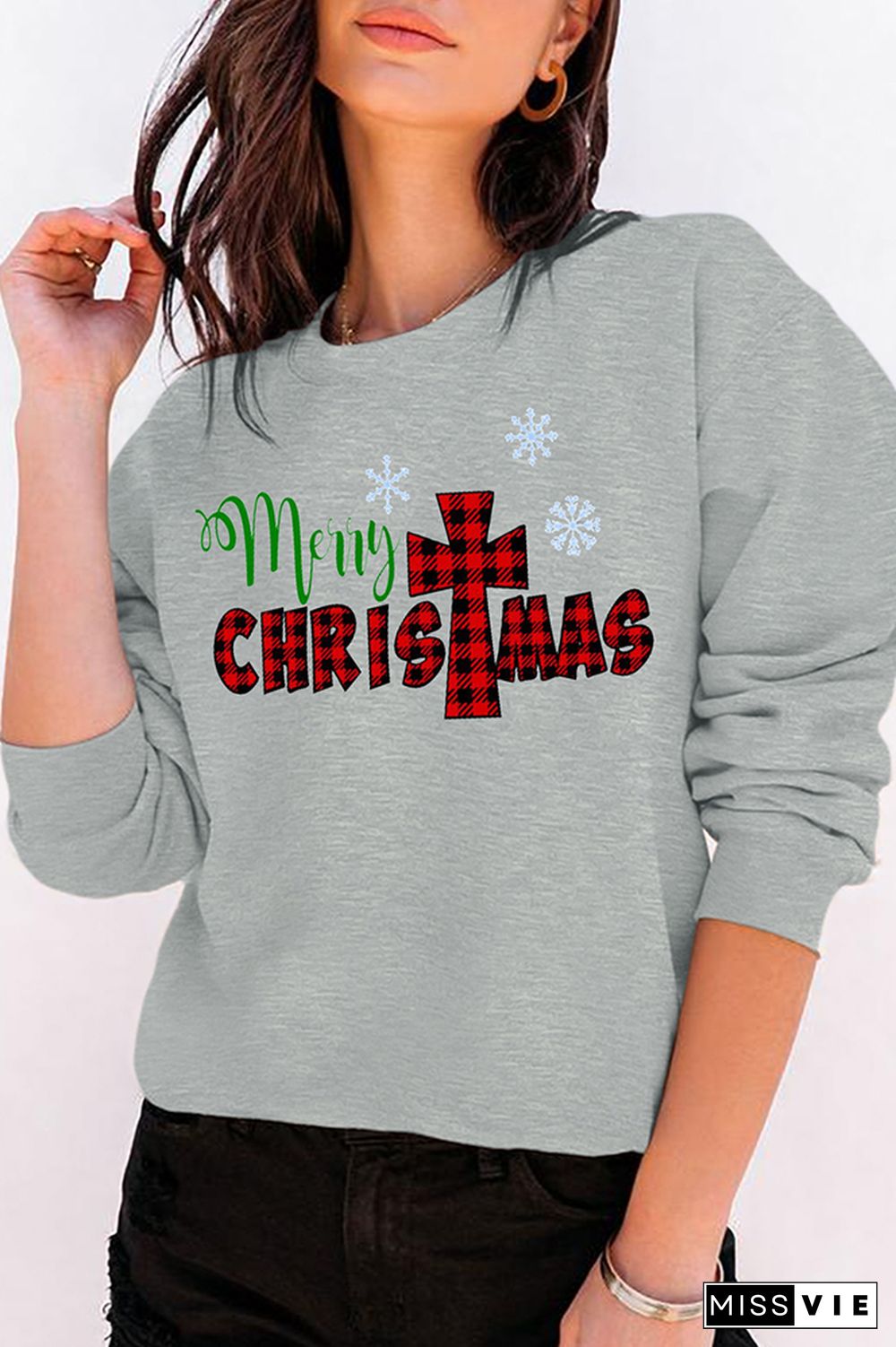 Merry Christmas Print O-neck Long Sleeve Sweatshirts Women Wholesale