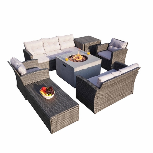 7Piece Outdoor Wicker Conversation Sofa Set with Fire Pit