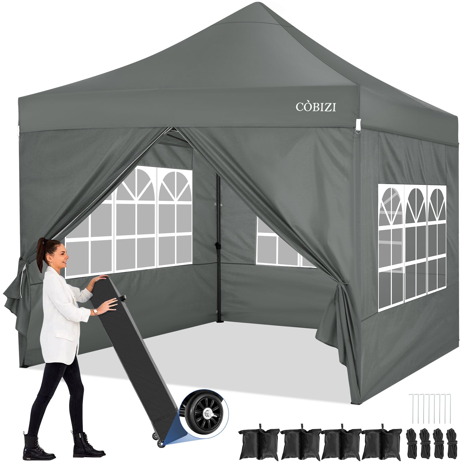 10 x 10ft Pop Up Canopy Tent Instant Outdoor Party Heavy Duty Canopy Straight Leg Commercial Gazebo Tent Shelter with 4 Removable Sidewalls, 4 Sand Bags, Roller Bag, Gray