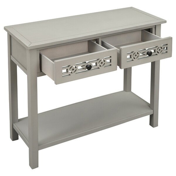 Classic Wooden Console Table with 2 Top Drawers and Open Storage Shelf， Sofa Table with Hollow-out Decoration， Silver