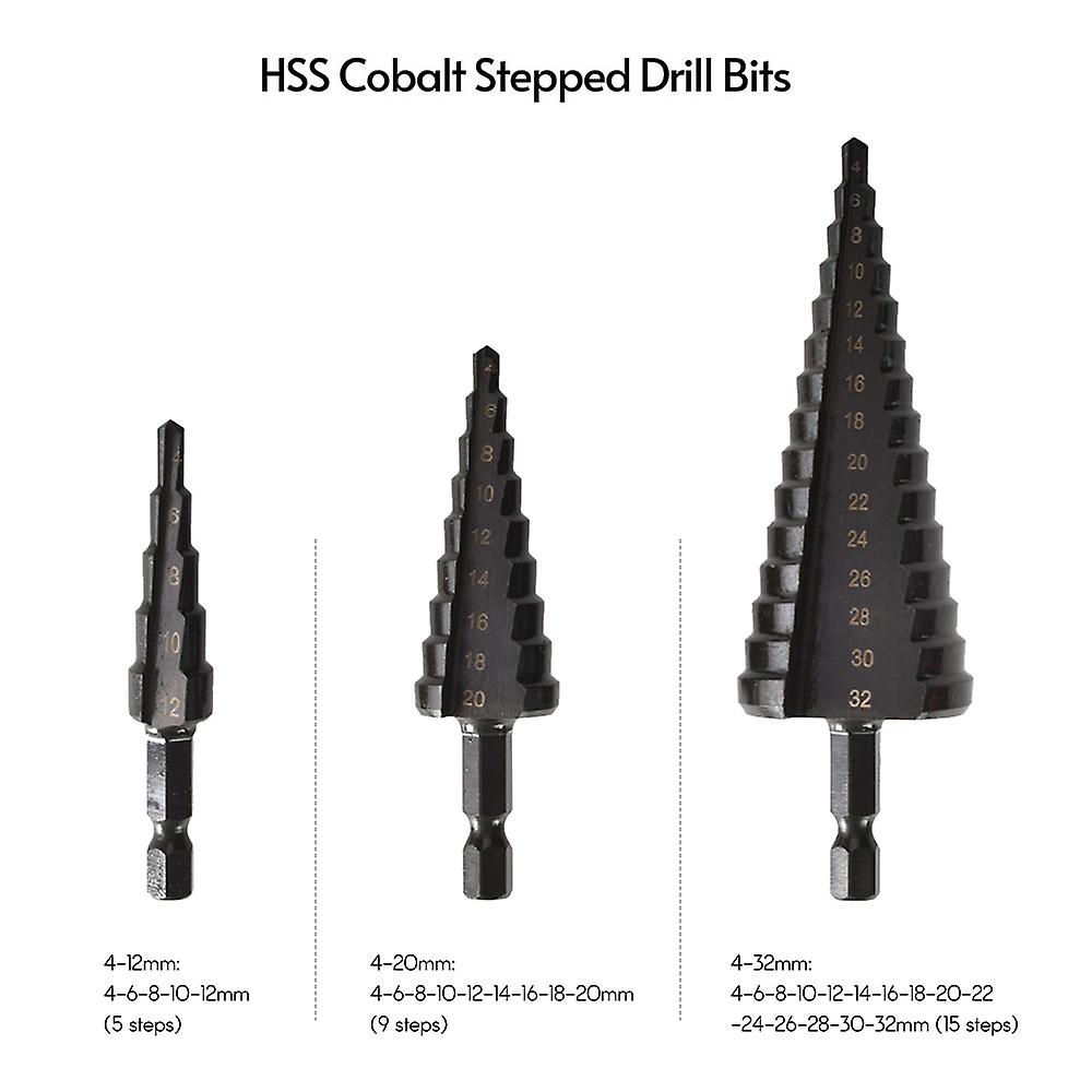 4pcs Hss Cobalt Stepped Drill Bit Set Practical Black Nitride Coated Metal Drilling Bits Kit For Thin Iron/steel/pvc/wood Panel No.249954