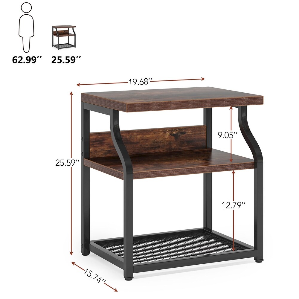 Side End Table  Industrial 3 shelf Bedside Nightstands with Storage shelves for Small Space