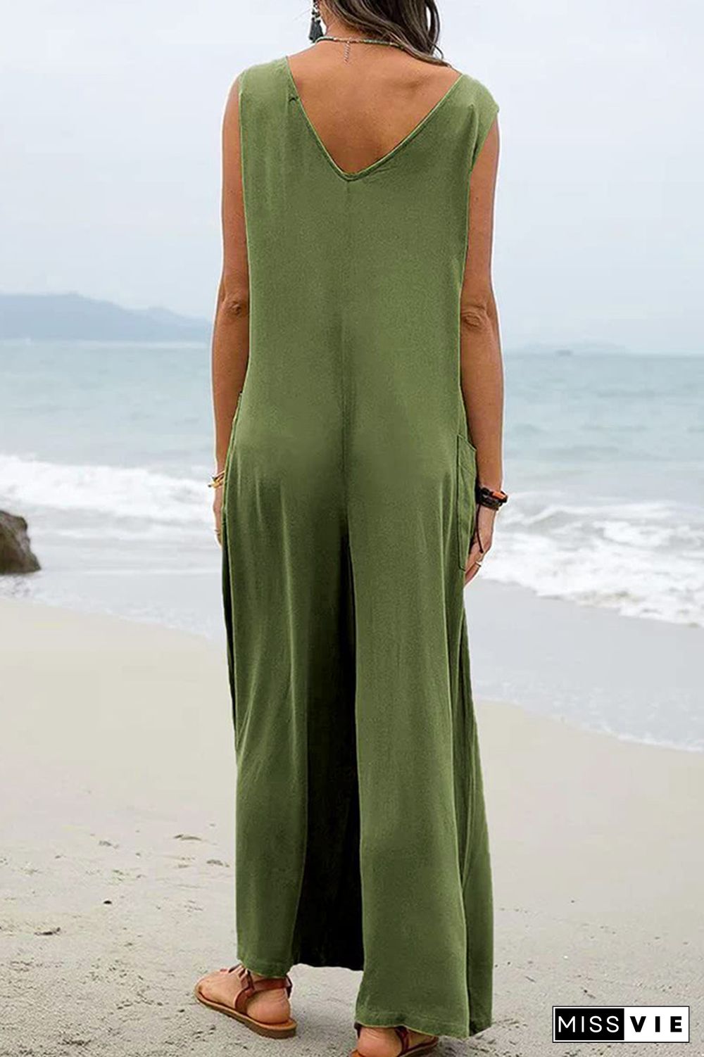 Plain V Neck Pockets Sleeveless Jumpsuit