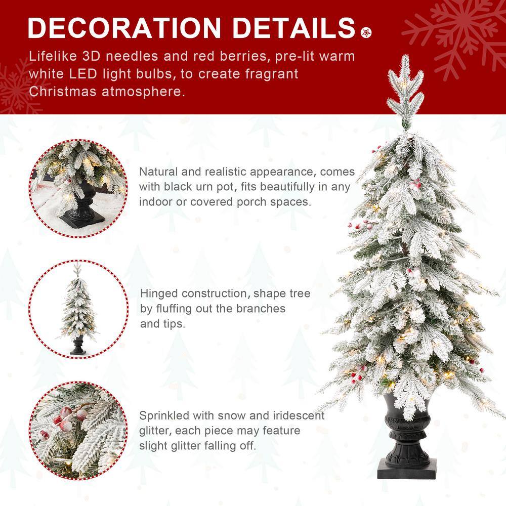 4 ft. Pre-Lit Flocked Fir Artificial Christmas Tree with 100 Warm White Lights and Red Berries