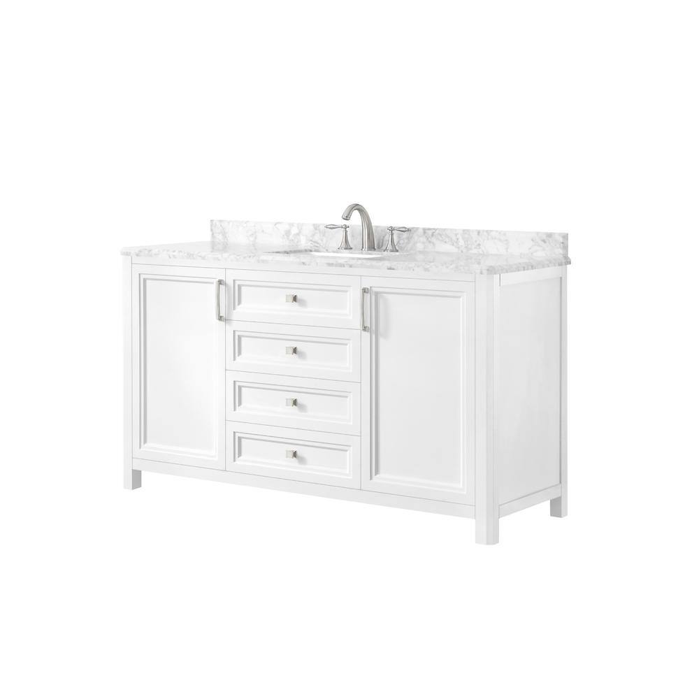 Home Decorators Collection Sandon 60 in. W x 22 in. D x 34.5 in. H Single Sink Bath Vanity in White with White Carrara Marble Top Sandon 60W