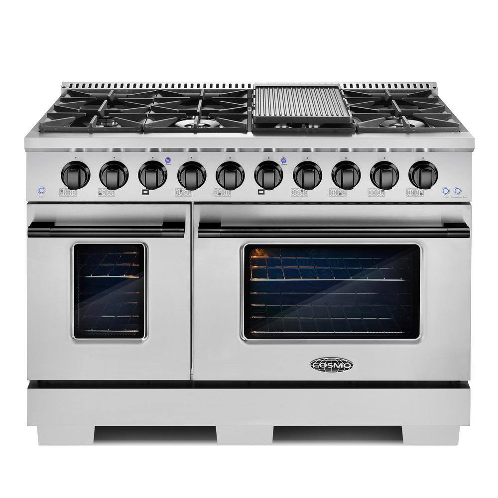 Cosmo 48 in. 5.5 cu. ft. Gas Range with 8 Burners  Cast Iron Grates in Stainless Steel with Black Custom Handle and Knob Kit COS-2PKG-175